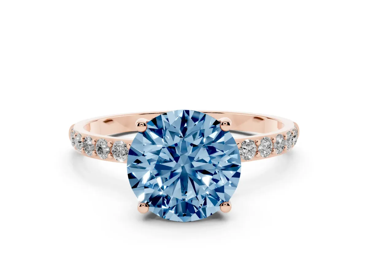 Fancy Blue Round Cut Diamond Solitaire Ring with Round Pavé Shoulders and Prong Setting Rose gold