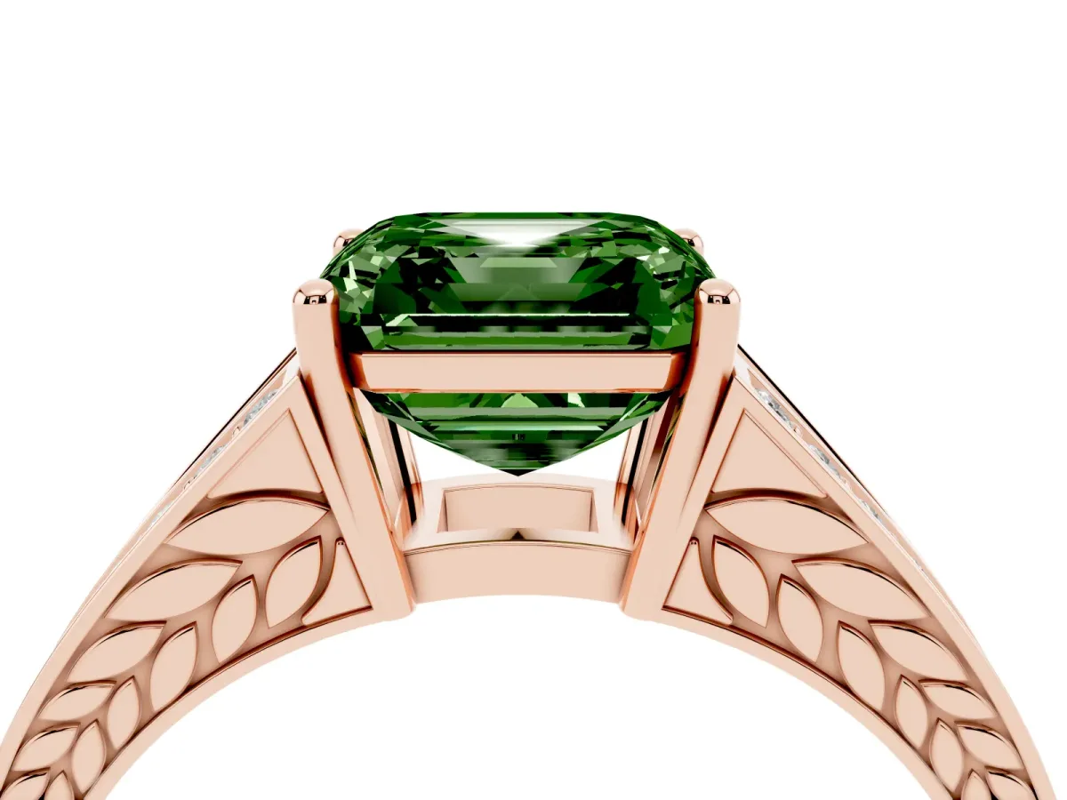 Fancy Green Asscher Cut Diamond Split Shank Ring with Pavé Band and Four-Prong Setting Rose gold