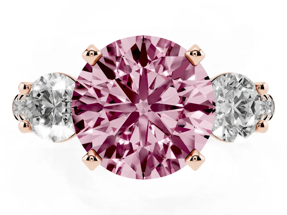 Fancy Pink Three-Stone Round Cut Diamond Pavé Band with Four-Prong Setting Rose gold