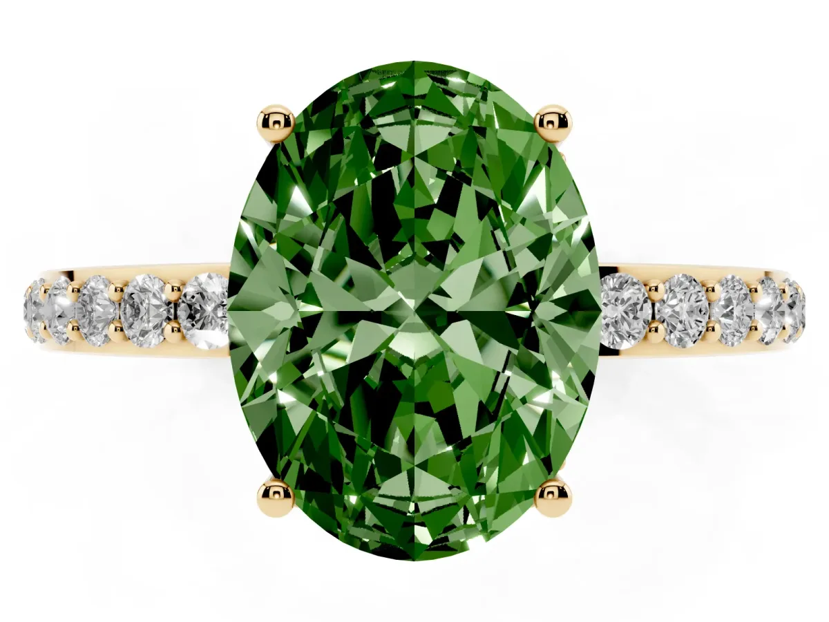 Fancy Green Oval Cut Diamond Solitaire Ring with Pavé Band and Hidden Halo Yellow gold