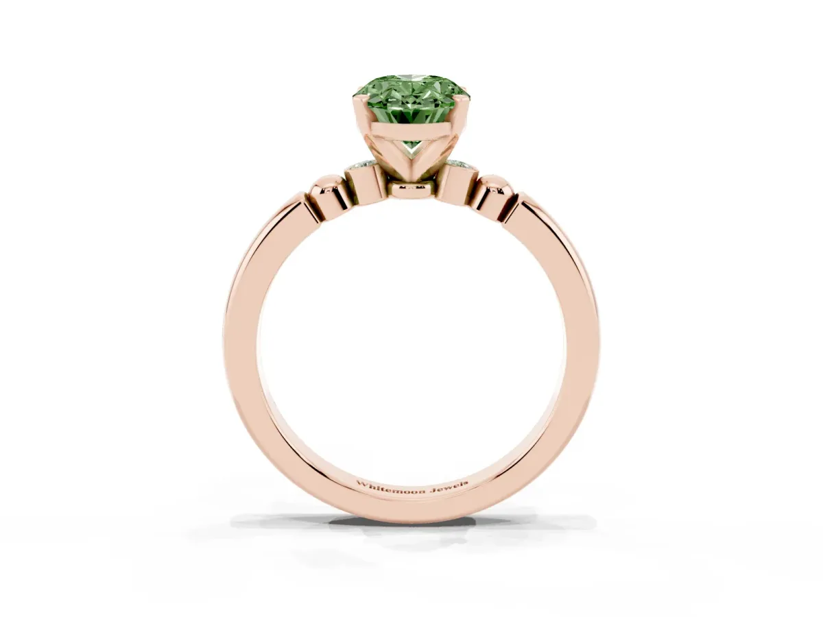 Fancy Green Oval Cut Solitaire Beaded Band with Four-Prong Setting Rose gold