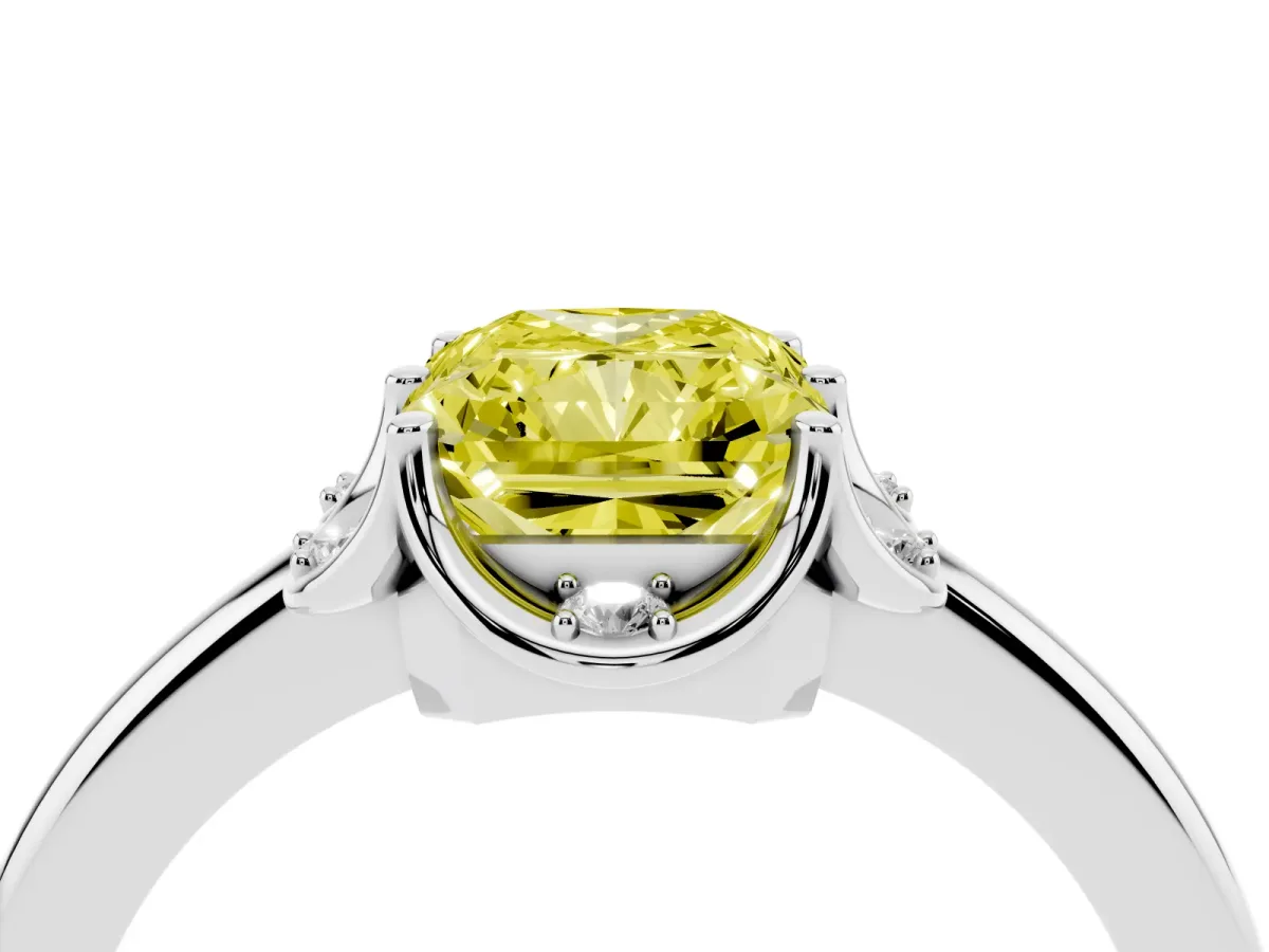 Fancy Yellow Radiant Cut Halo Diamond Ring with Round Cluster Setting, Solitaire Band, and Four-Prong Setting Platinum