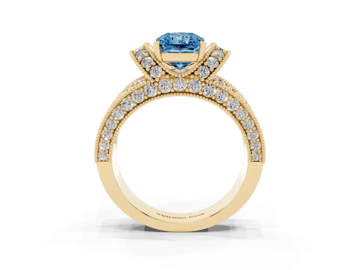 Fancy Blue Radiant Cut Halo Pave Diamond Engagement Ring with Milgrain Detailing Yellow gold
