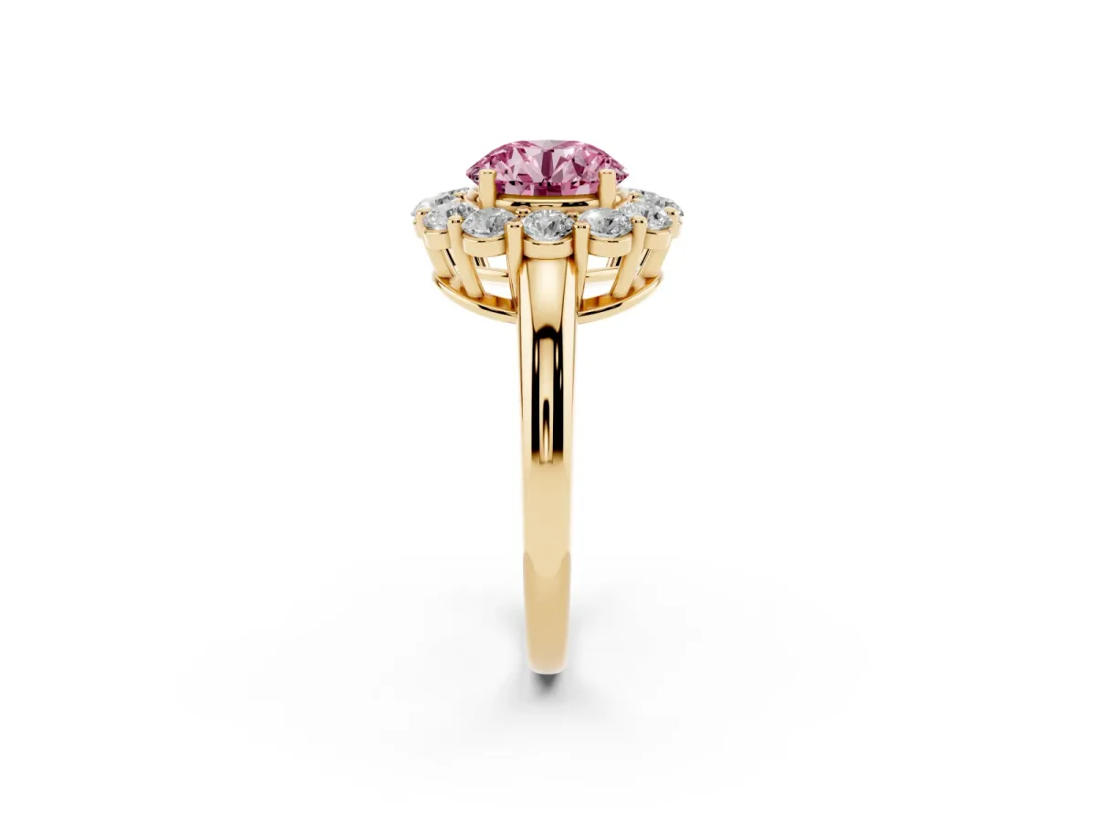 Fancy Pink Round Cut Halo Cluster Diamond Engagement Ring with Prong Setting and Polished Band Yellow gold