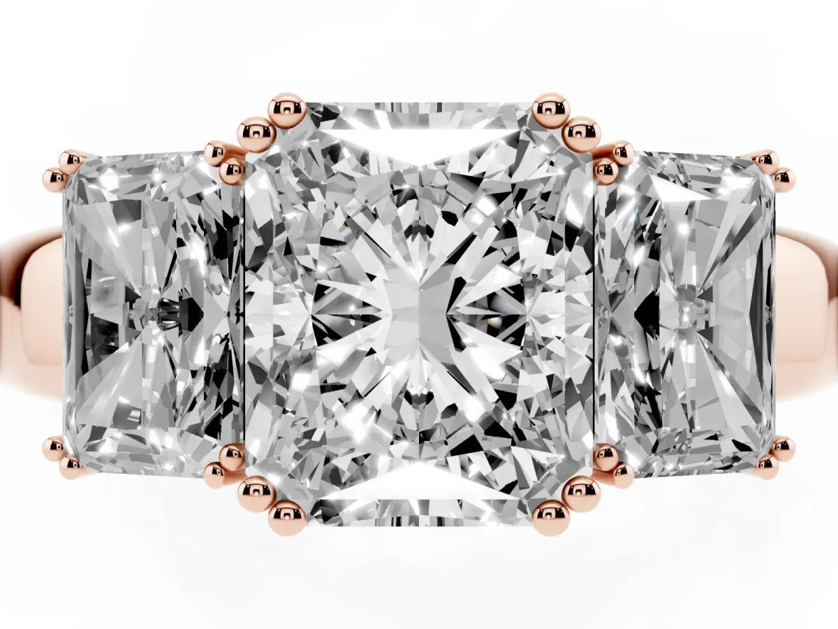 Three-Stone Radiant Cut Cut Diamond Ring with Channel Set Band and Four-Prong Setting Rose gold
