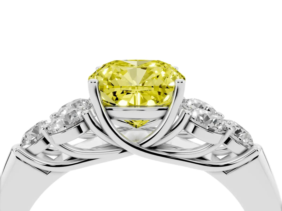 Fancy Yellow Cushion Cut Cut Diamond Cluster Ring with Round Accent Stones and Prong Setting on a Classic Band White gold