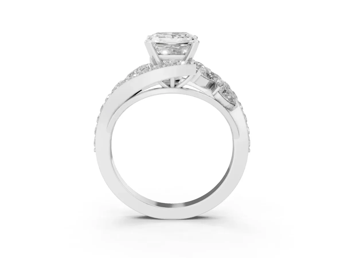 Princess Cut Diamond Halo Ring with Marquise and Pavé Band in Prong Setting White gold