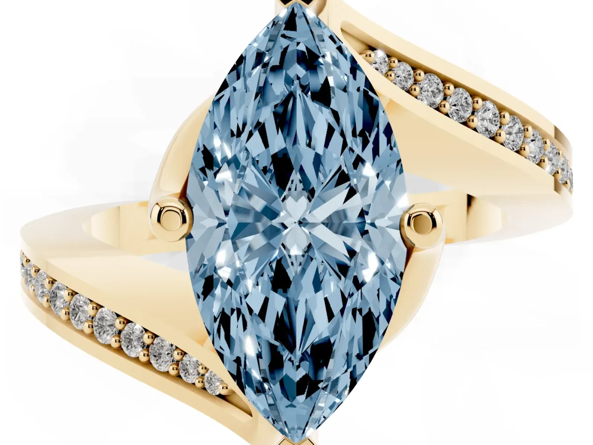 Fancy Blue Marquise Cut Solitaire Diamond Twist Band with Pavé Setting and Four-Prong Setting Yellow gold