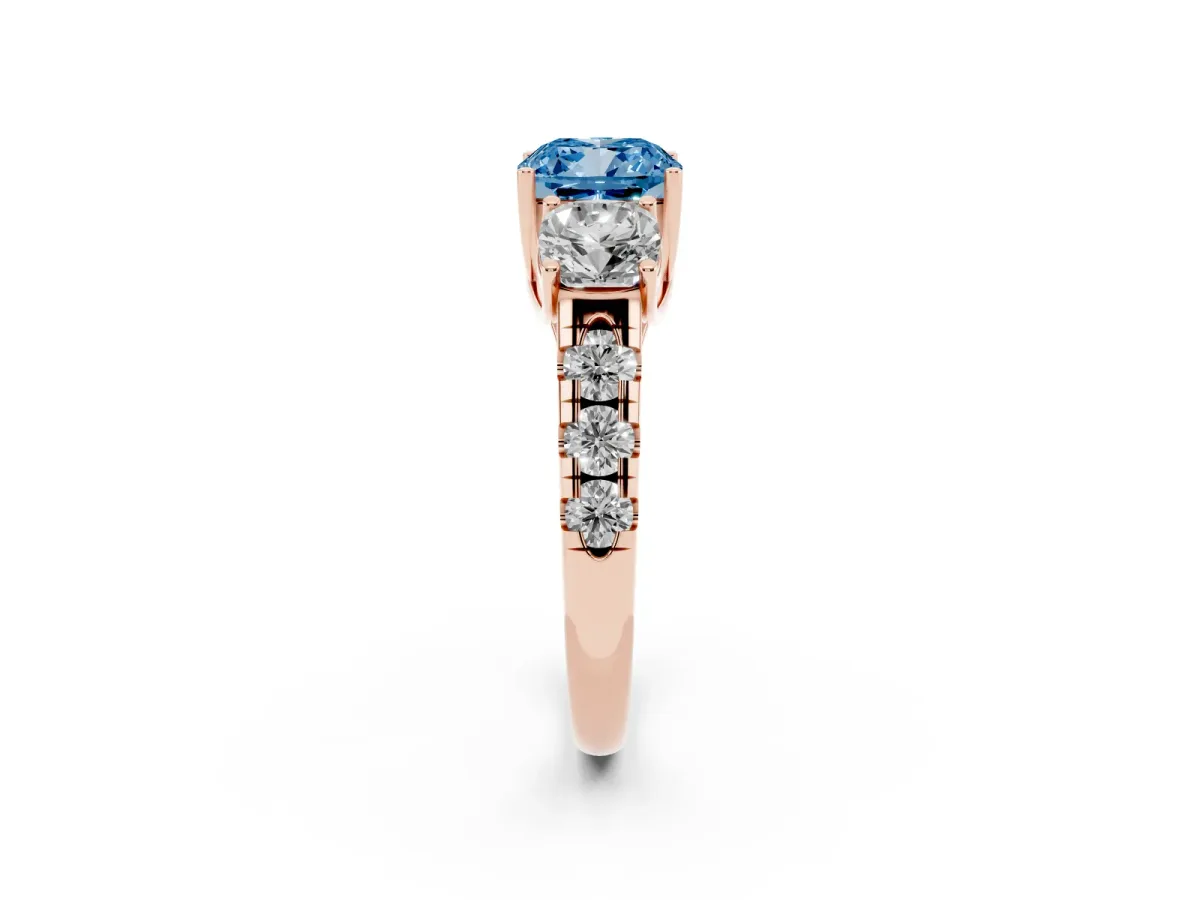 Fancy Blue Three-Stone Cushion Cut Diamond Pavé Band with Prong Setting Rose gold