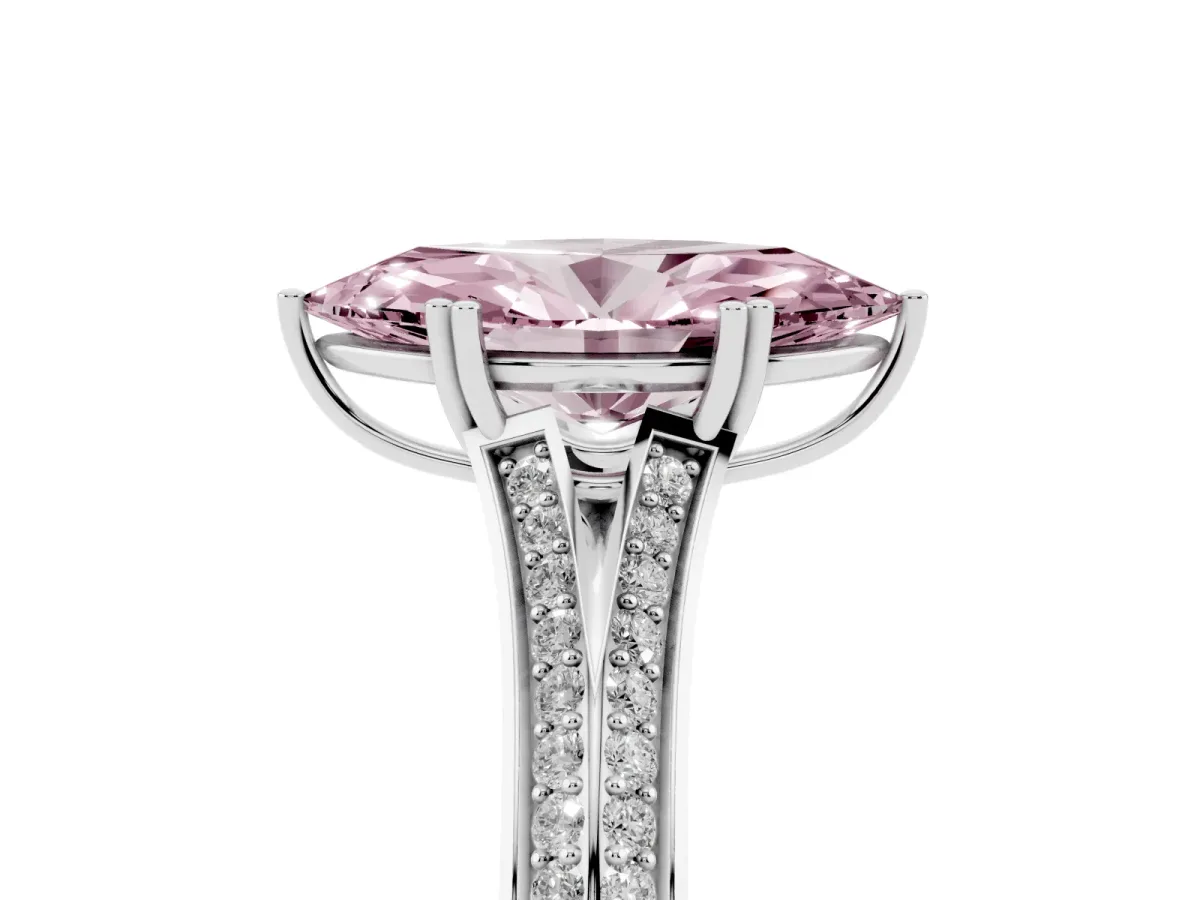 Fancy Pink Marquise Cut Diamond Split Shank Engagement Ring with Pavé Band Silver