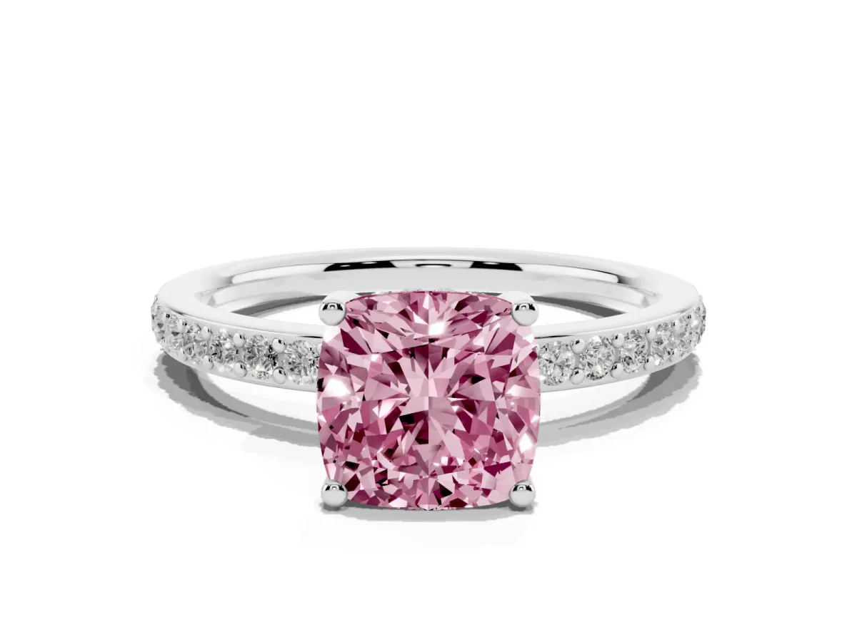 Fancy Pink Cushion Cut Cut Diamond Pavé Band Ring with Four-Prong Setting Silver