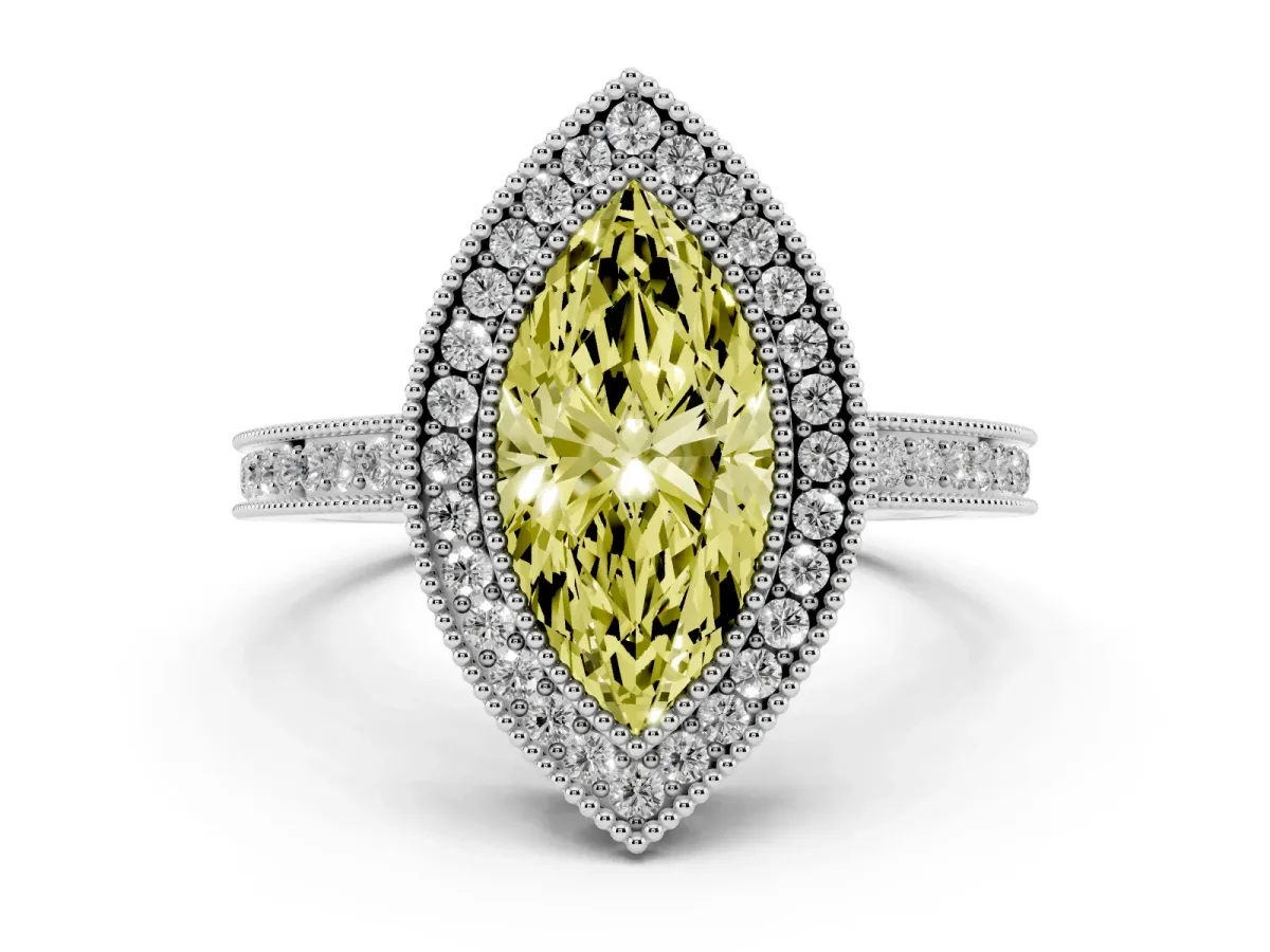 Fancy Yellow Marquise Cut Cut Halo Diamond Ring with Pavé Band and Milgrain Prong Setting Silver