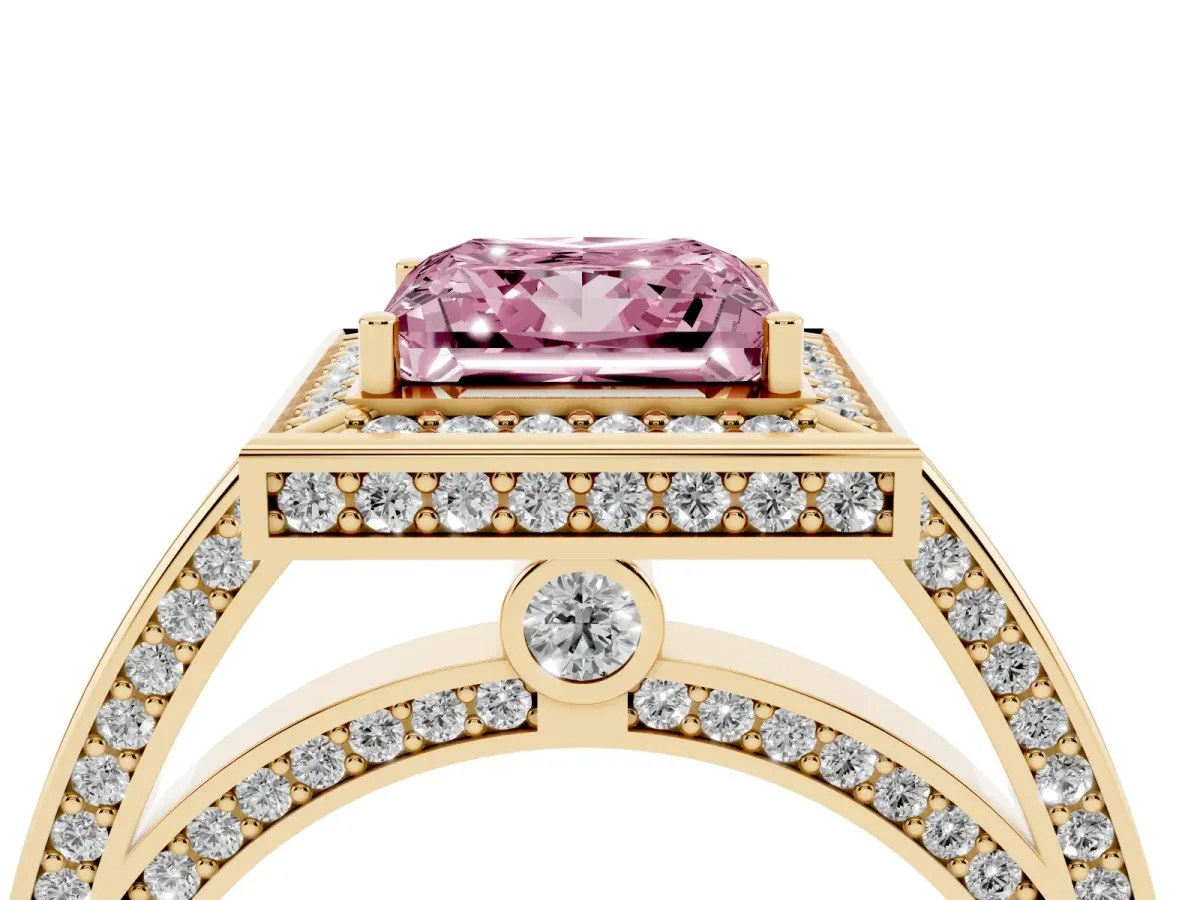 Fancy Pink Princess Cut Cut Halo Pave Split Shank Prong Setting Ring Yellow gold
