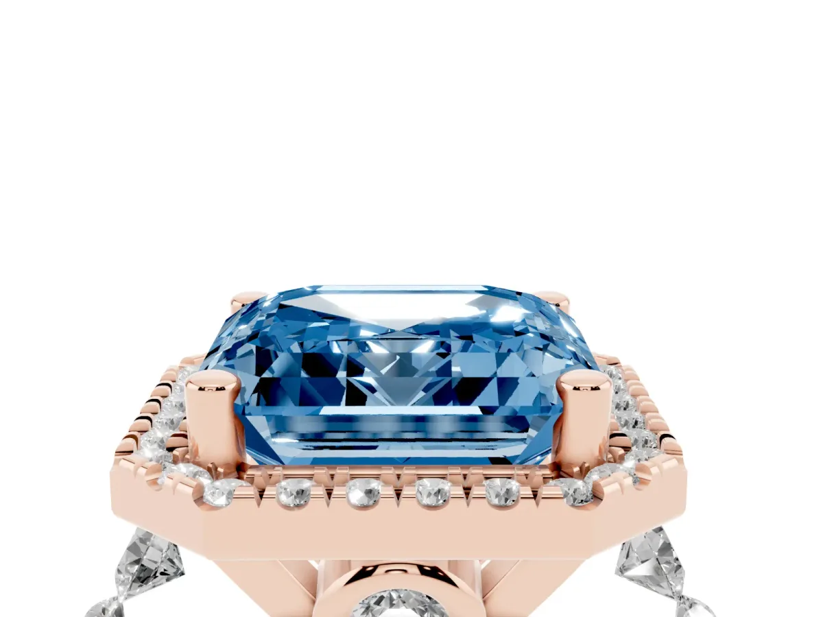 Fancy Blue Asscher Cut Halo Pavé Diamond Engagement Ring with Four-Prong Setting Rose gold