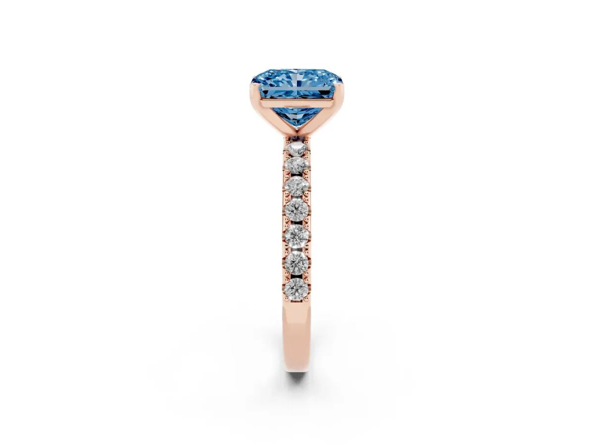 Fancy Blue Radiant Cut Diamond Solitaire Pavé Band with Four-Prong Setting Rose gold
