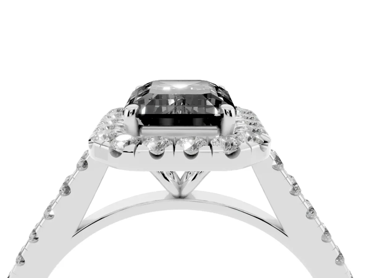 Fancy Black Emerald Cut Halo Pave Diamond Engagement Ring with Four-Prong Setting Silver