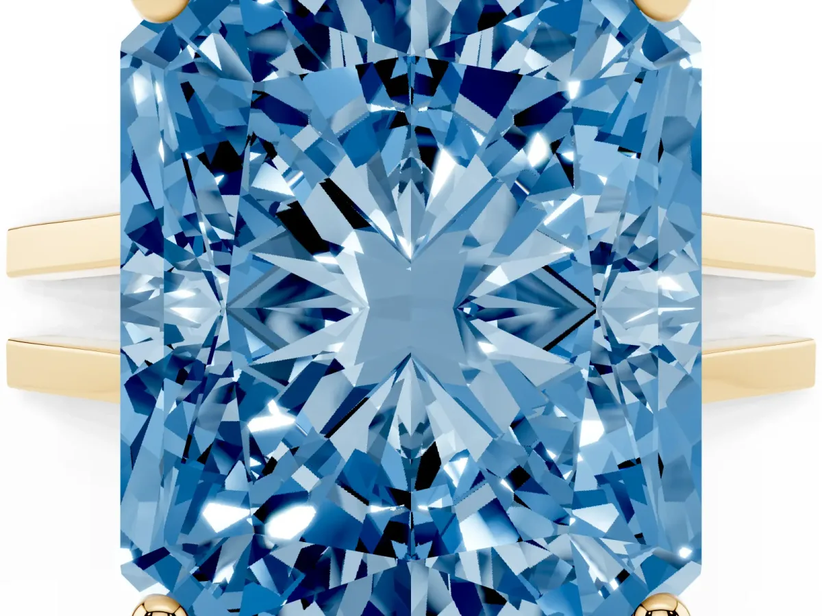 Fancy Blue Radiant Cut Cut Diamond Solitaire Engagement Ring with Tapered Plain Band and Four-Prong Setting Yellow gold