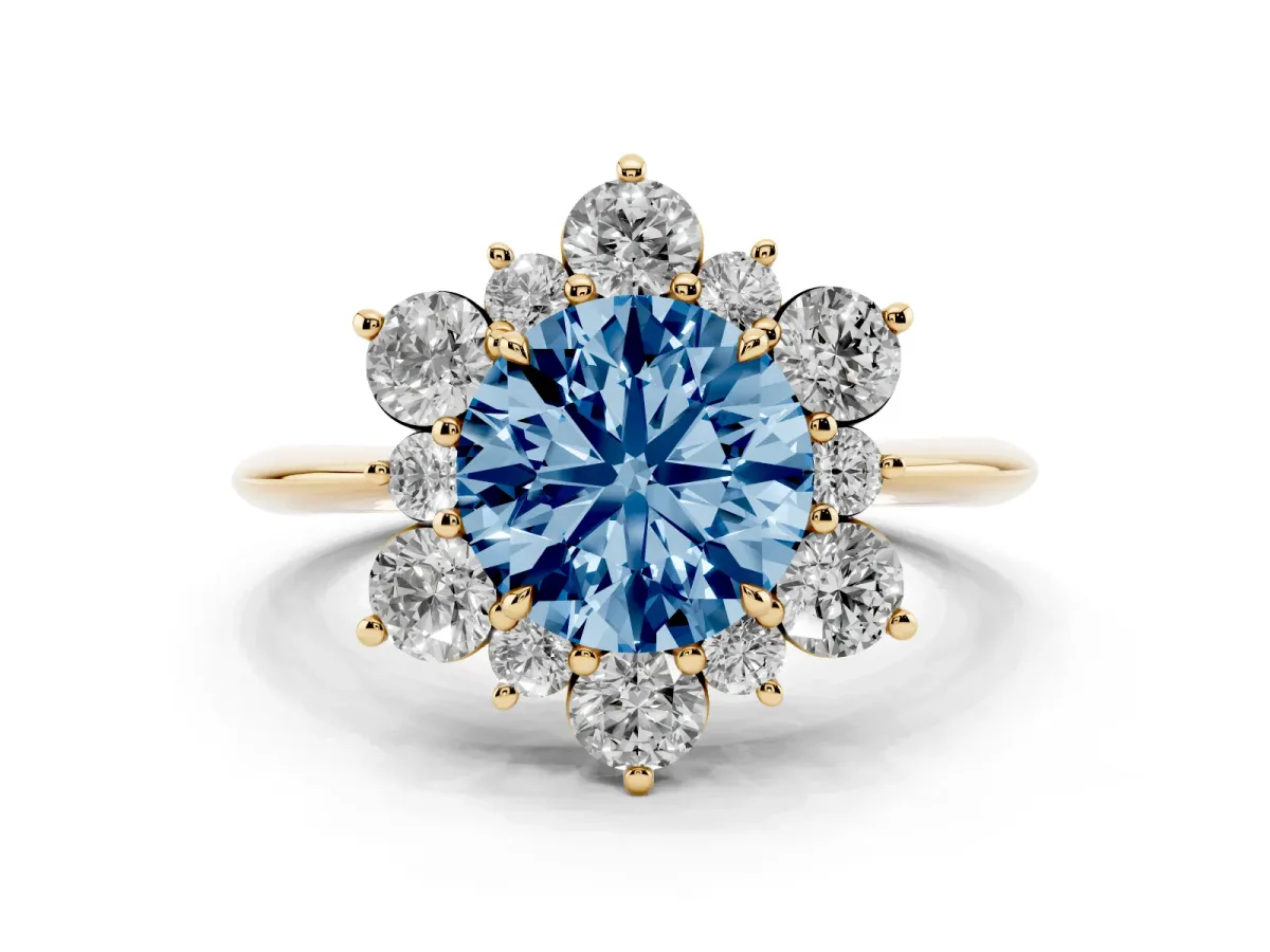 Fancy Blue Round Cut Diamond Cluster Halo Ring with Solitaire Band and Four-Prong Setting Yellow gold