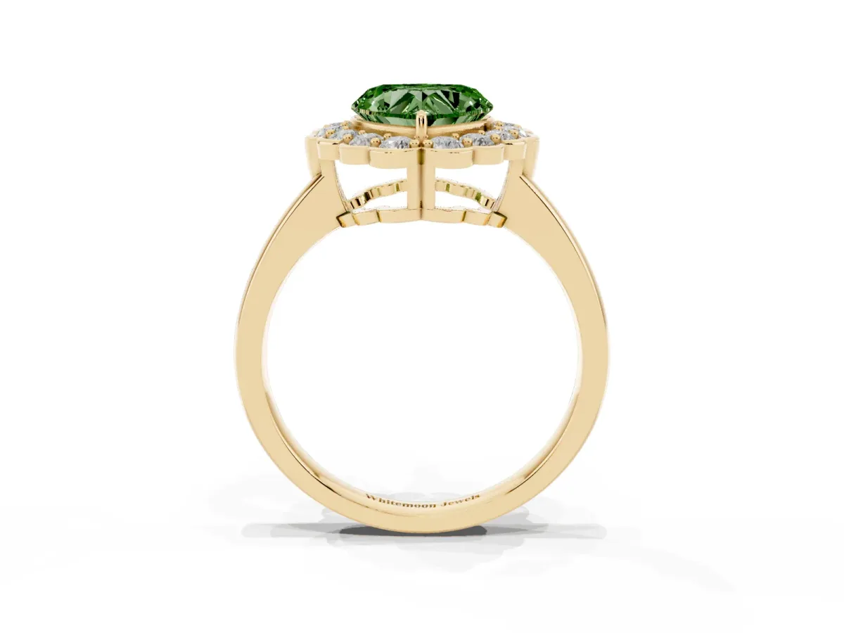 Fancy Green Heart Cut Halo Cluster Diamond Engagement Ring with Solitaire Band and Prong Setting Yellow gold