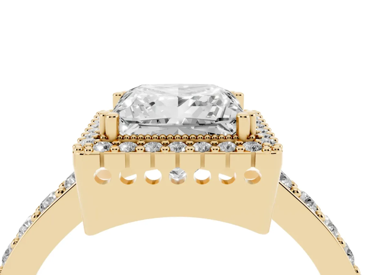 Princess Cut Cut Diamond Halo Engagement Ring with Milgrain Detail and Pavé Band Yellow gold