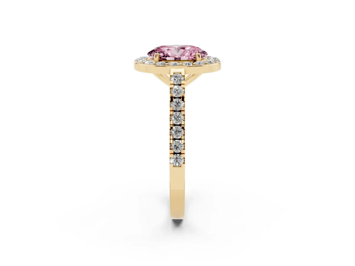 Fancy Pink Oval Cut Diamond Halo Ring with Round Pavé Split Shank and Prong Setting Yellow gold