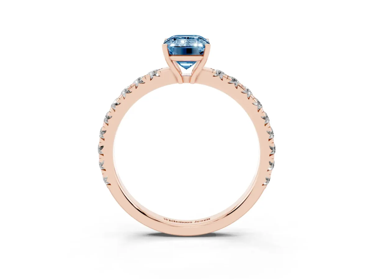 Fancy Blue Emerald Cut Diamond Pavé Solitaire Engagement Ring with Four-Prong Setting Rose gold