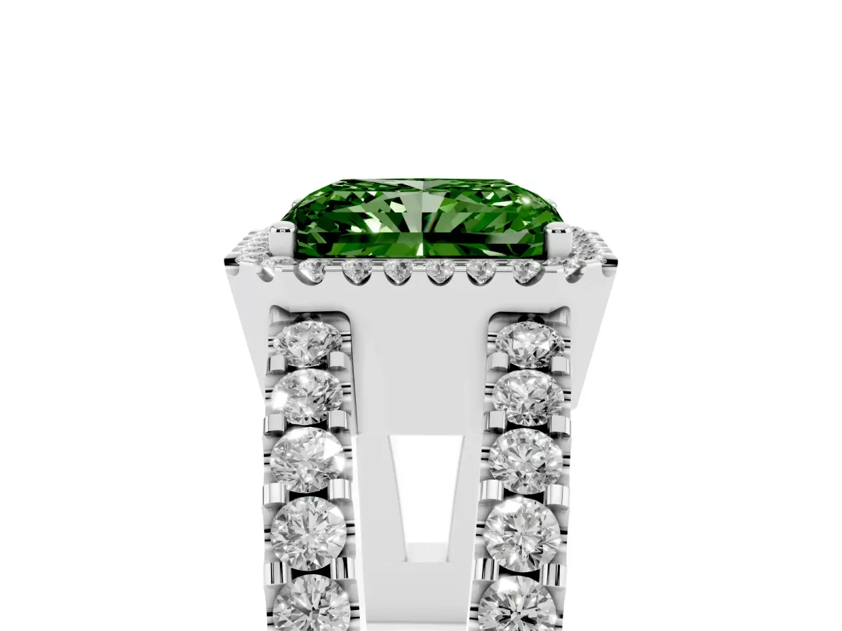 Fancy Green Radiant Cut Cut Halo Split Shank Diamond Ring with Four-Prong Setting Platinum