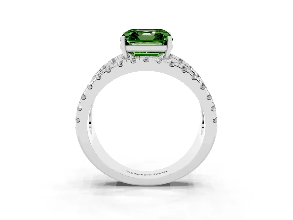 Fancy Green Asscher Cut Solitaire Split Shank Pave Diamond Ring Platinum