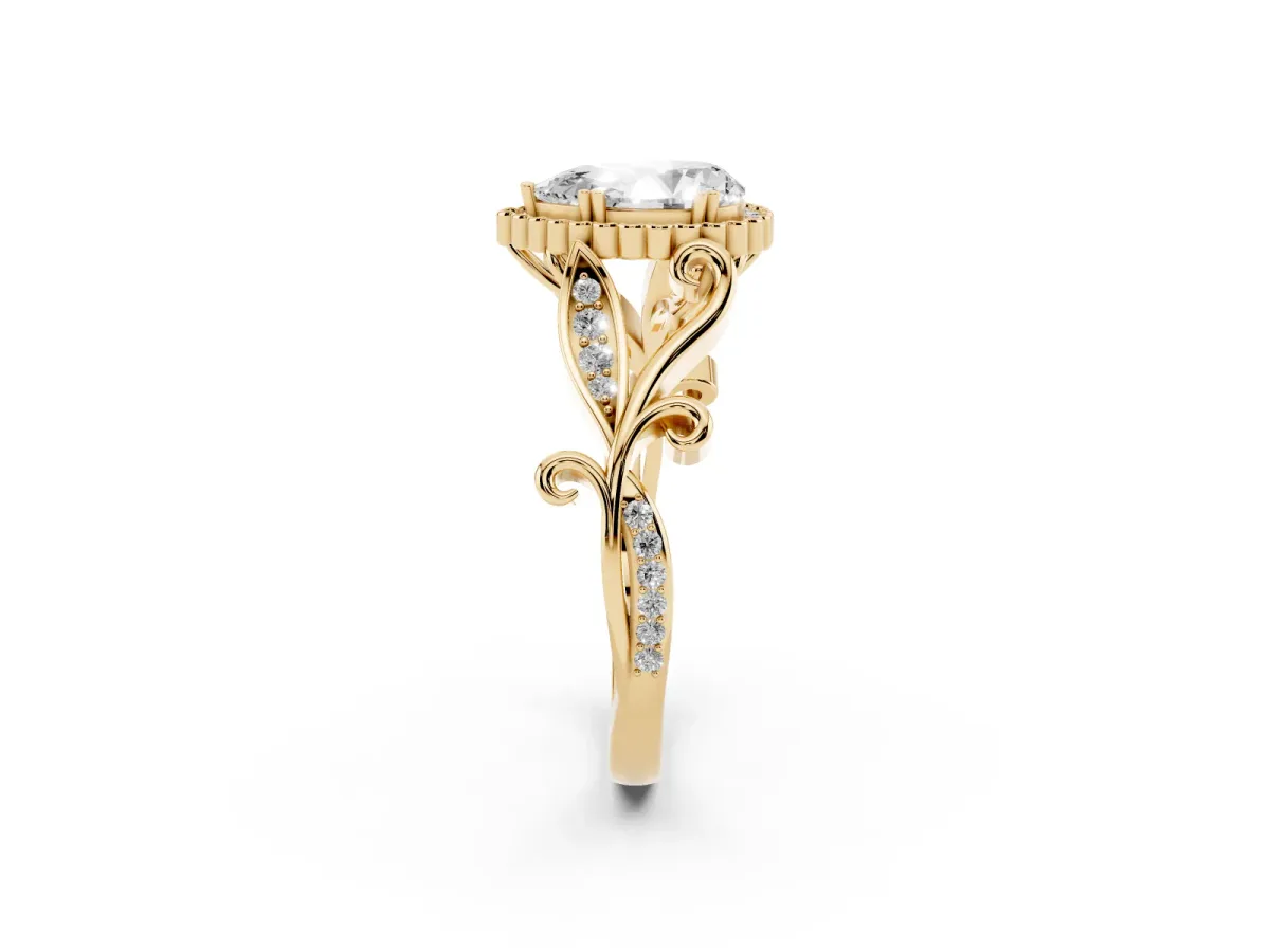 Pear Cut Diamond Halo Ring with Vintage Split Shank and Four-Prong Setting Yellow gold