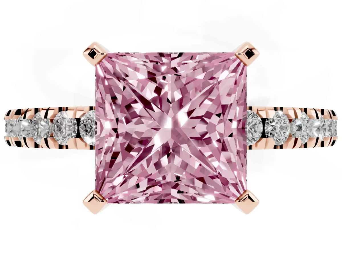 Fancy Pink Princess Cut Solitaire Diamond with Pavé Band and Four-Prong Setting Rose gold