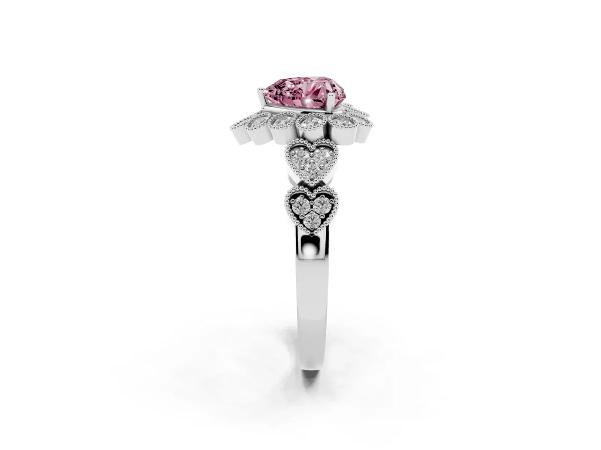 Fancy Pink Heart Cut Brilliant Milgrain Pave Heart Band Solitaire Ring Silver
