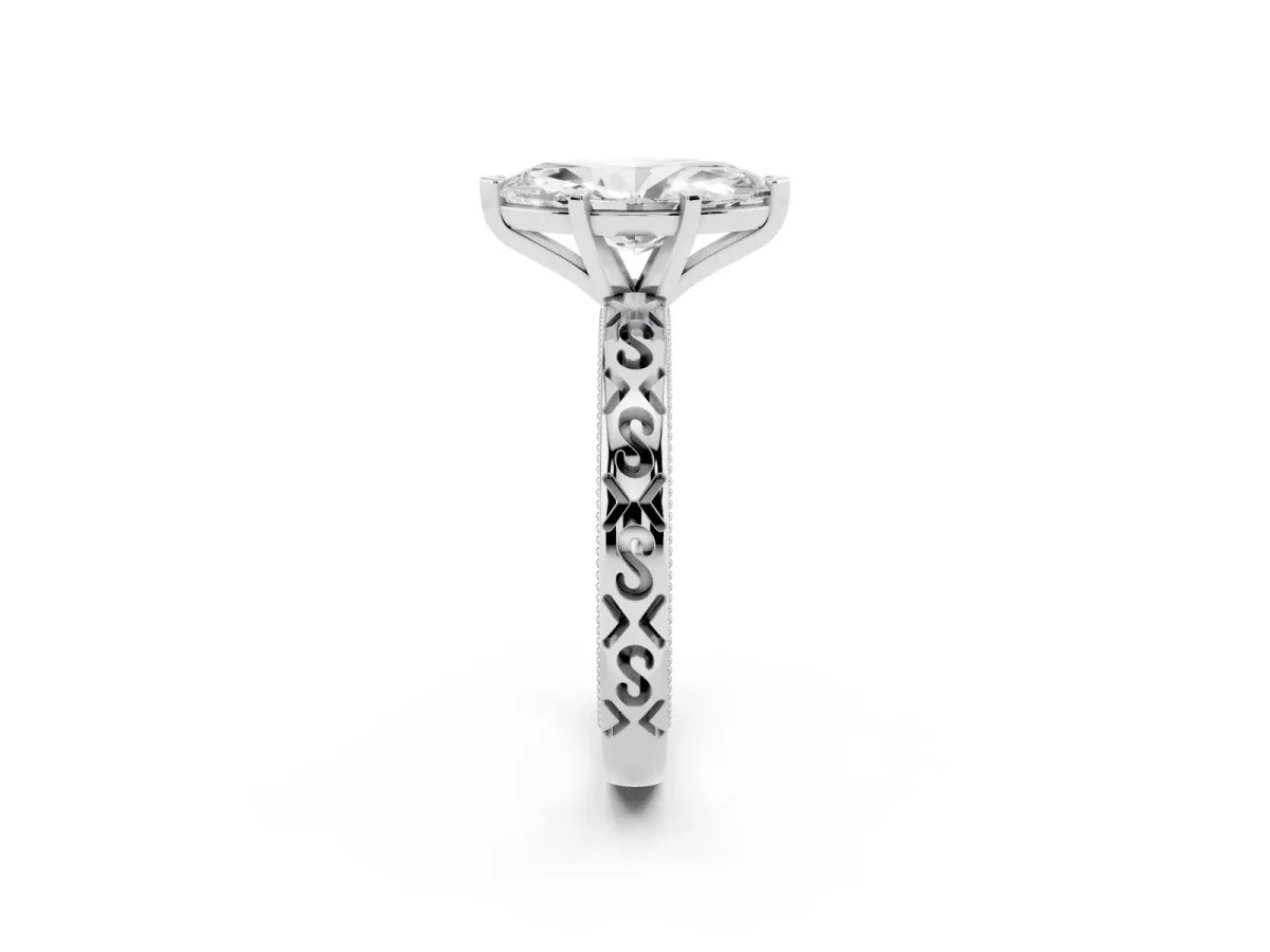 Marquise Cut Solitaire Engagement Ring with Scrollwork Band and Four-Prong Setting White gold
