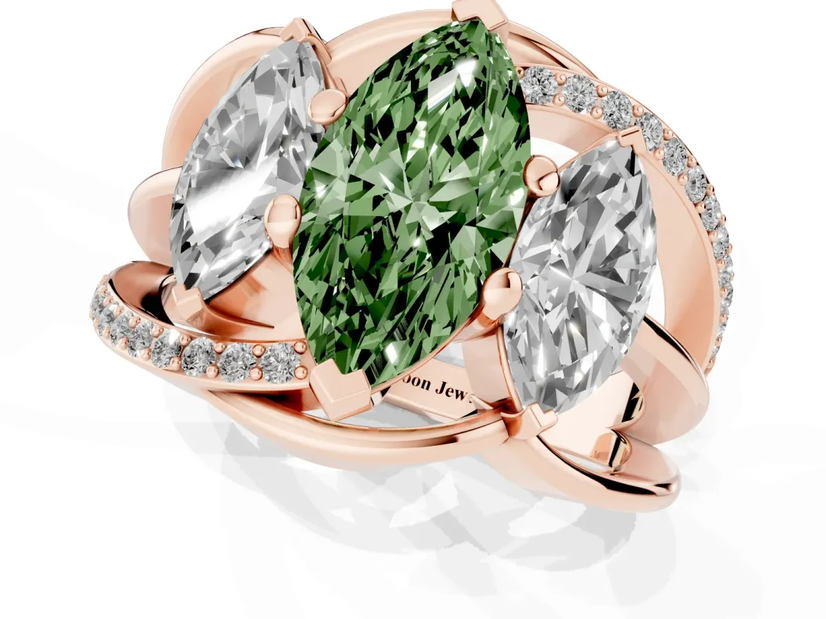 Fancy Green Three-Stone Marquise Cut Cut Diamond Split Shank Prong Set Ring Rose gold