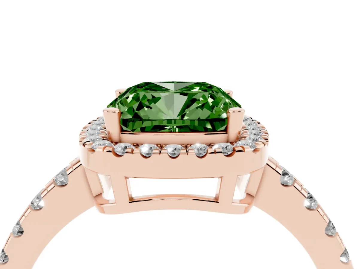 Fancy Green Cushion Cut Diamond Halo Ring with Pavé Band and Four-Prong Setting Rose gold