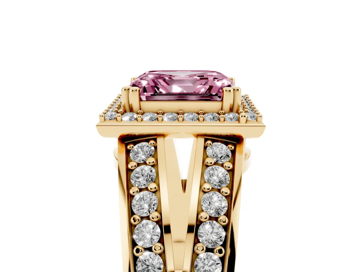 Fancy Pink Asscher Cut Diamond Halo Ring with Split Shank Pavé Band and Four-Prong Setting Yellow gold