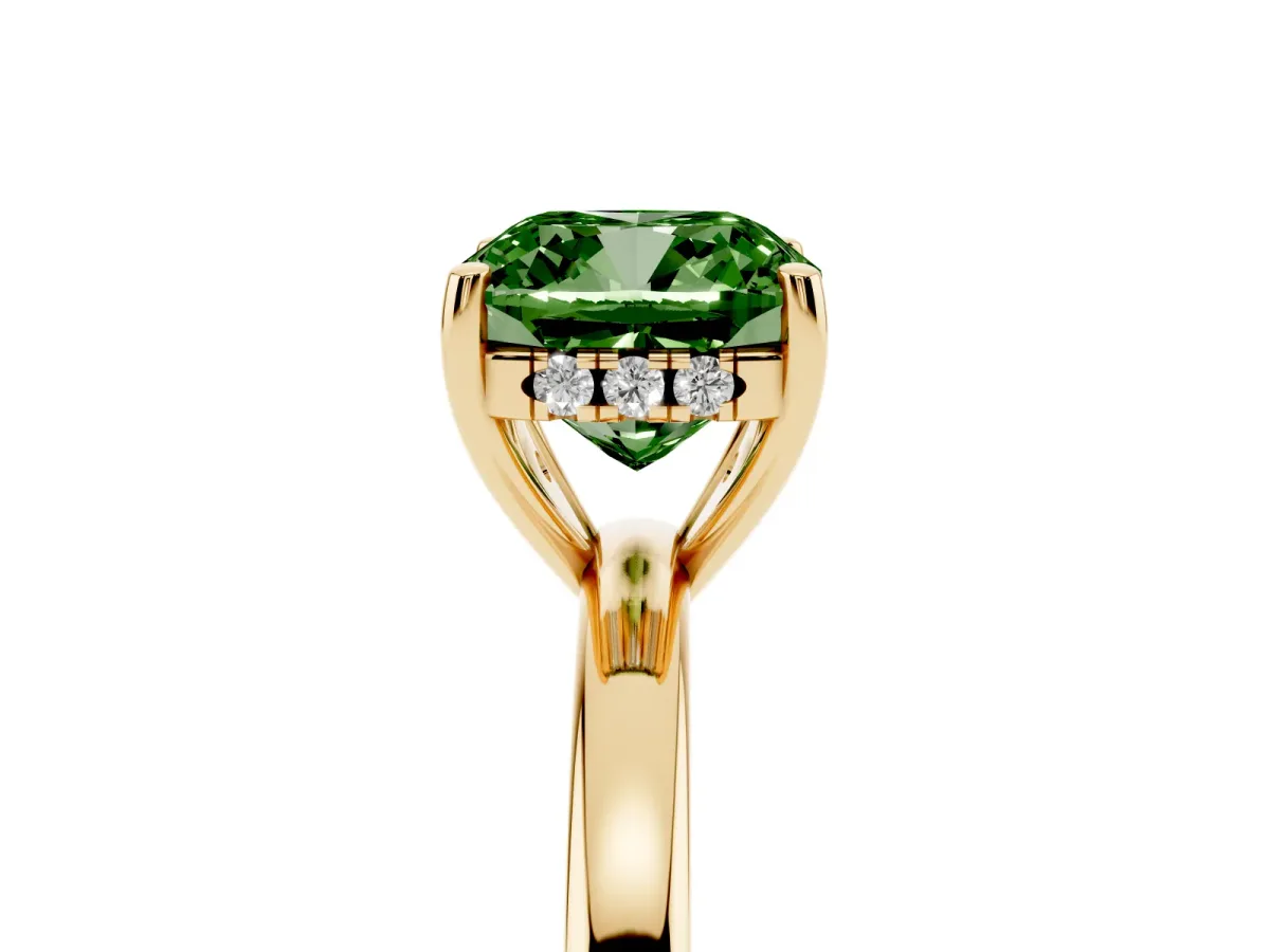 Fancy Green Cushion Cut Solitaire Diamond Ring with Prong Setting and Plain Band Yellow gold