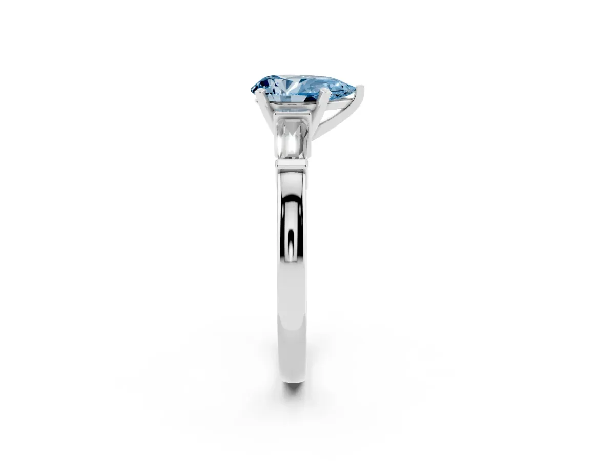 Fancy Blue Pear Cut Cut Diamond Solitaire Ring with Tapered Baguette Accents and Four-Prong Setting White gold