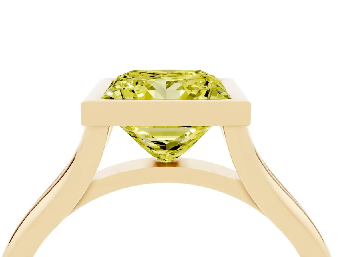 Fancy Yellow Bezel Set Princess Cut Cut Solitaire Ring with Tapered Band Yellow gold