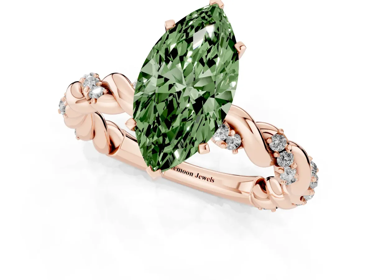 Fancy Green Marquise Cut Diamond Solitaire Ring with Twisted Band and Pavé Accents Rose gold