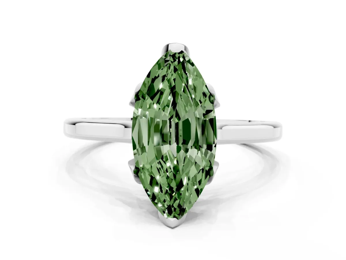 Fancy Green Marquise Cut Diamond Solitaire Ring with Flower Prong Setting and Classic Band Silver