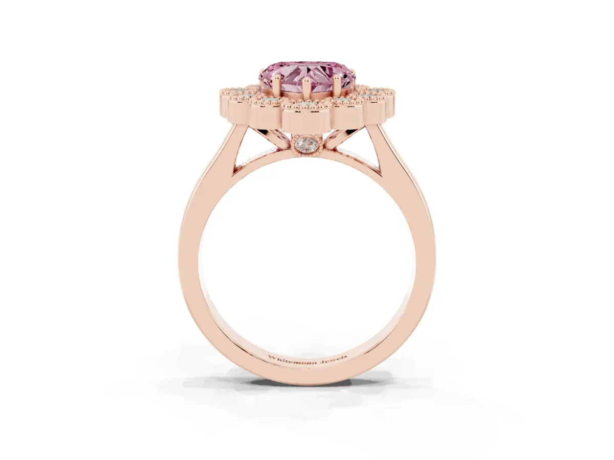 Fancy Pink Heart Cut Halo Diamond Cluster Engagement Ring with Milgrain Bezel Setting and Solitaire Band Rose gold