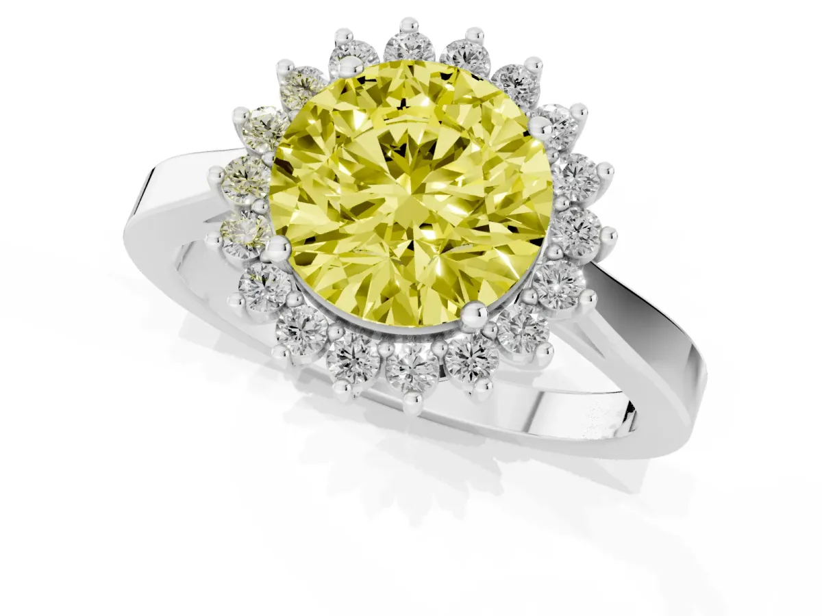 Fancy Yellow Round Cut Cut Diamond Halo Ring with Round Brilliant Halo and Solitaire Band Silver