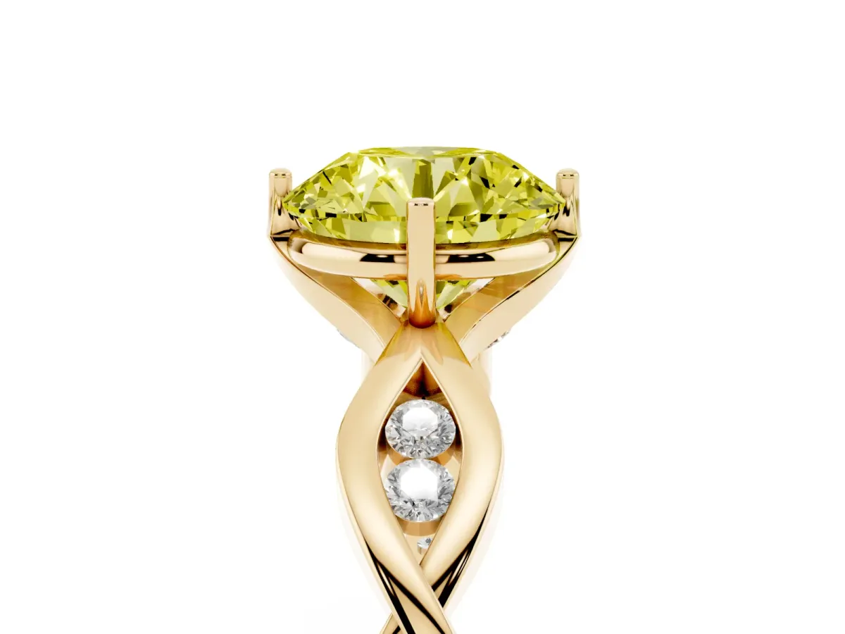 Fancy Yellow Round Cut Solitaire Twist Band with Leaf Prong Setting Yellow gold