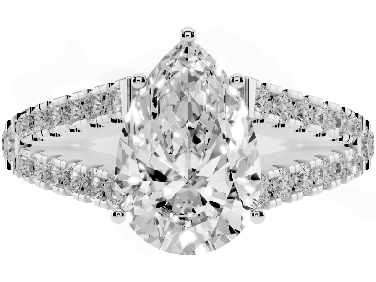 Pear Cut Diamond Split Shank Engagement Ring with Round Pavé and Prong Setting Silver
