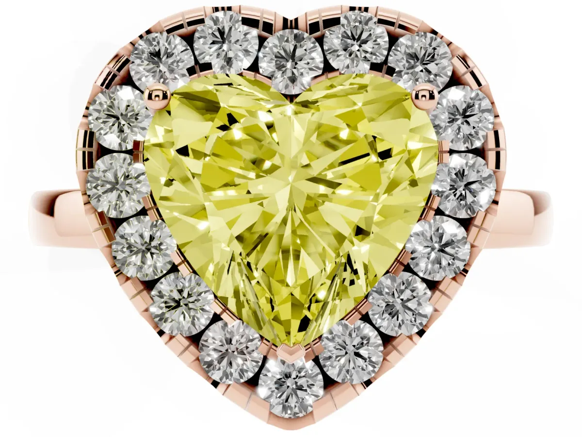Fancy Yellow Heart Cut Halo Diamond Solitaire with Pavé Band and Four-Prong Setting Rose gold