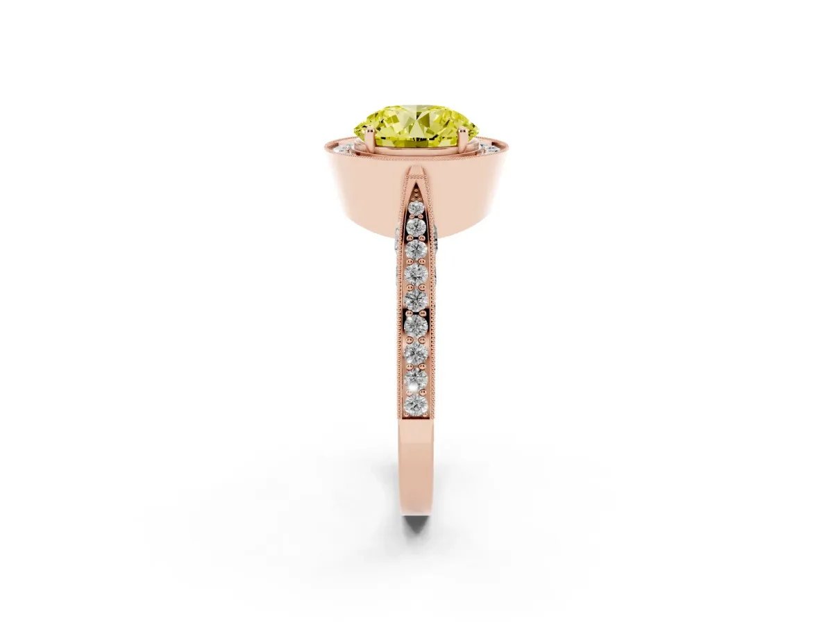 Fancy Yellow Round Cut Halo Diamond Engagement Ring with Split Shank Band and Four-Prong Setting Rose gold