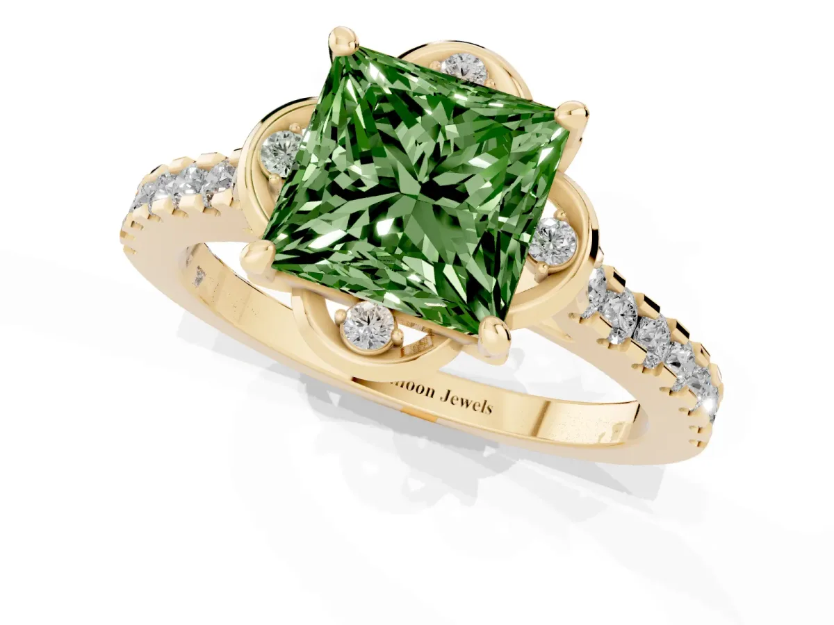Fancy Green Princess Cut Diamond Ring with Pavé Band and Floral Prong Setting Yellow gold
