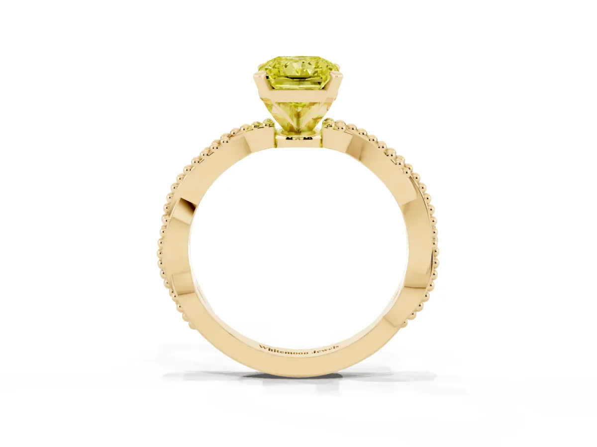 Fancy Yellow Radiant Cut Solitaire Twisted Band with Bead Prong Setting Yellow gold