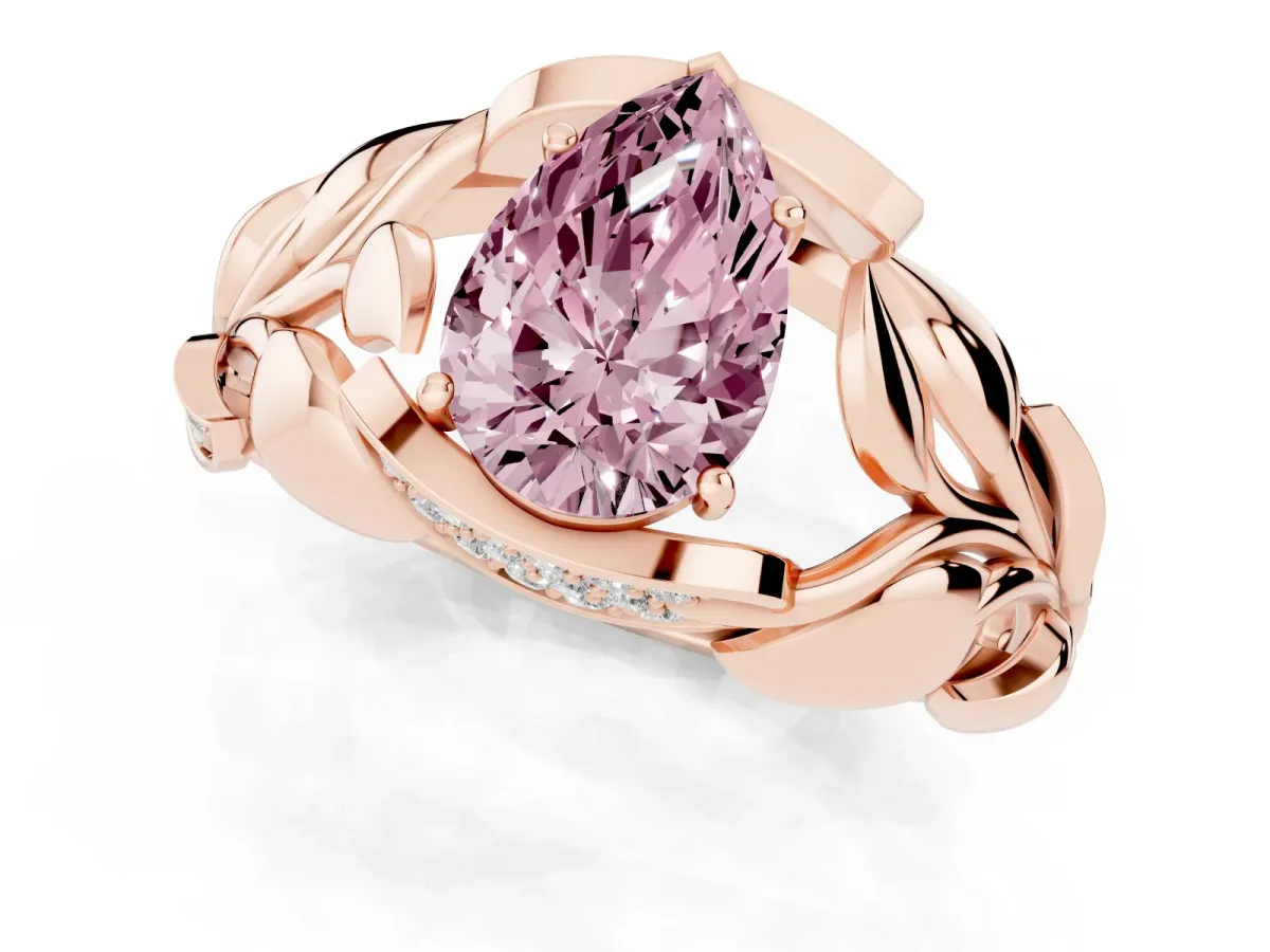 Fancy Pink Pear Cut Diamond Leaf-Inspired Engagement Ring with Round Accents and Prong Setting Rose gold