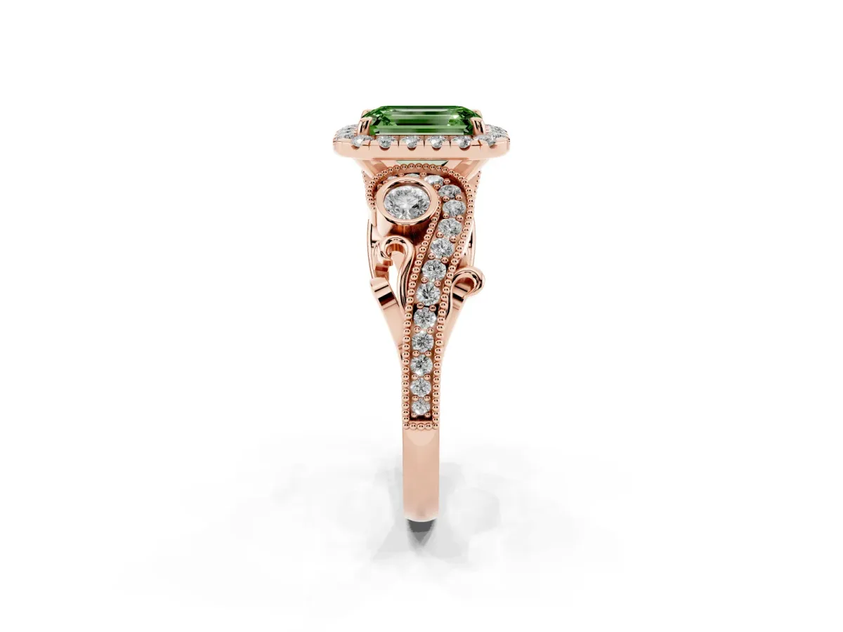 Fancy Green Emerald Cut Diamond Halo Ring with Milgrain Pavé Band and Four-Prong Setting Rose gold